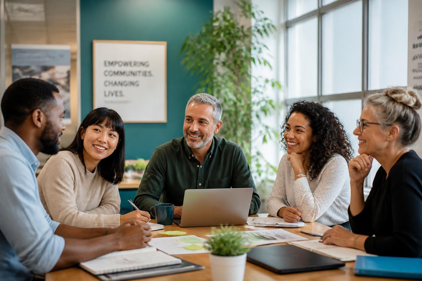 A diverse team collaborating in a bright, modern workplace